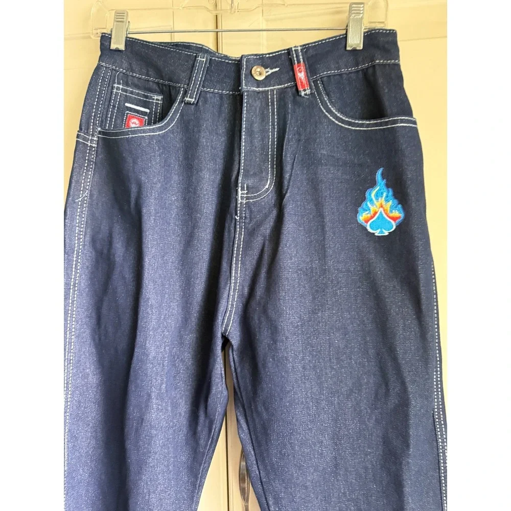 JNCO‎ Jeans Mens Dark Wash Wide Leg Baggy Denim Four Aces Flame Graphic 90s Y2K